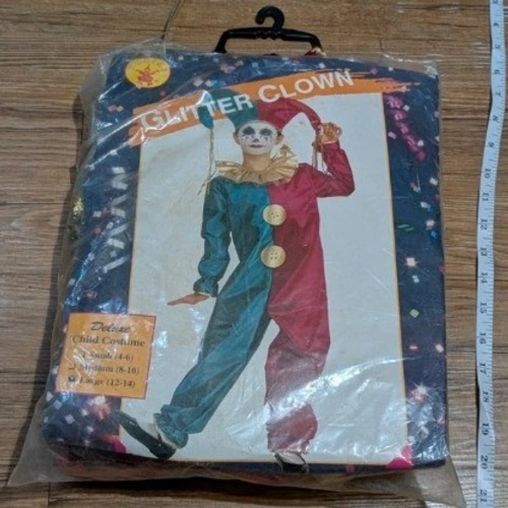 Glitter Clown Deluxe Child Costume Jester Jumpsuit Teal Magenta Large 12-14